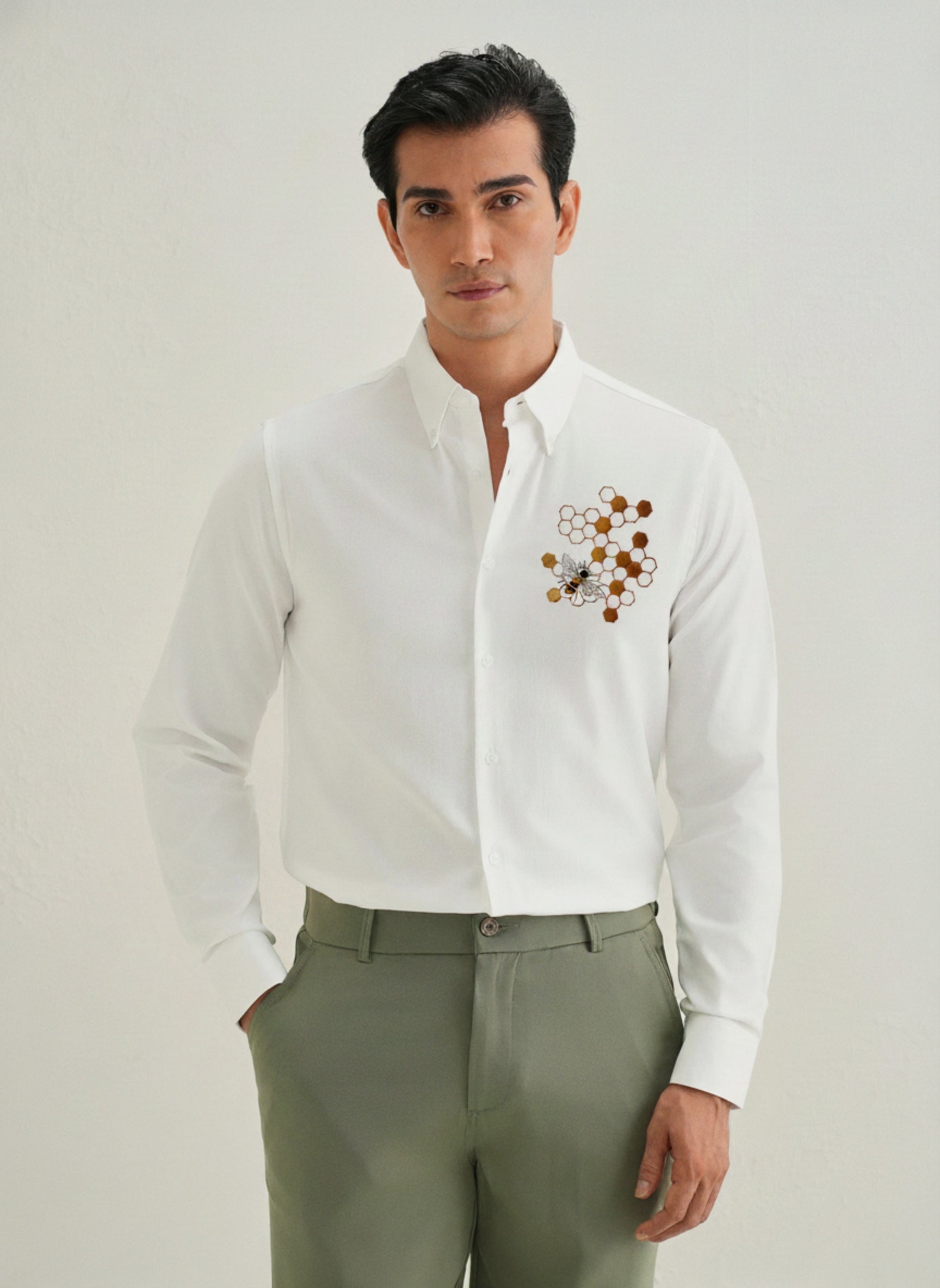 Men's Button-Down Shirt with Gold Honeycomb & Bee Embroidery