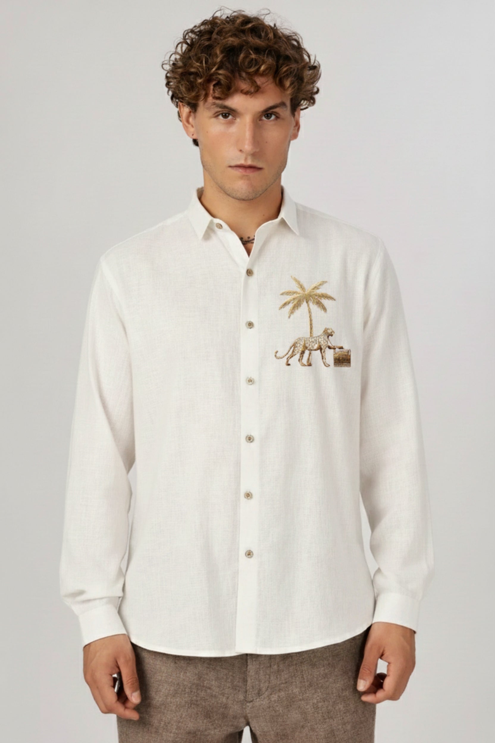 Men's Premium Poplin Shirt with Embroidered Cheetah Motif