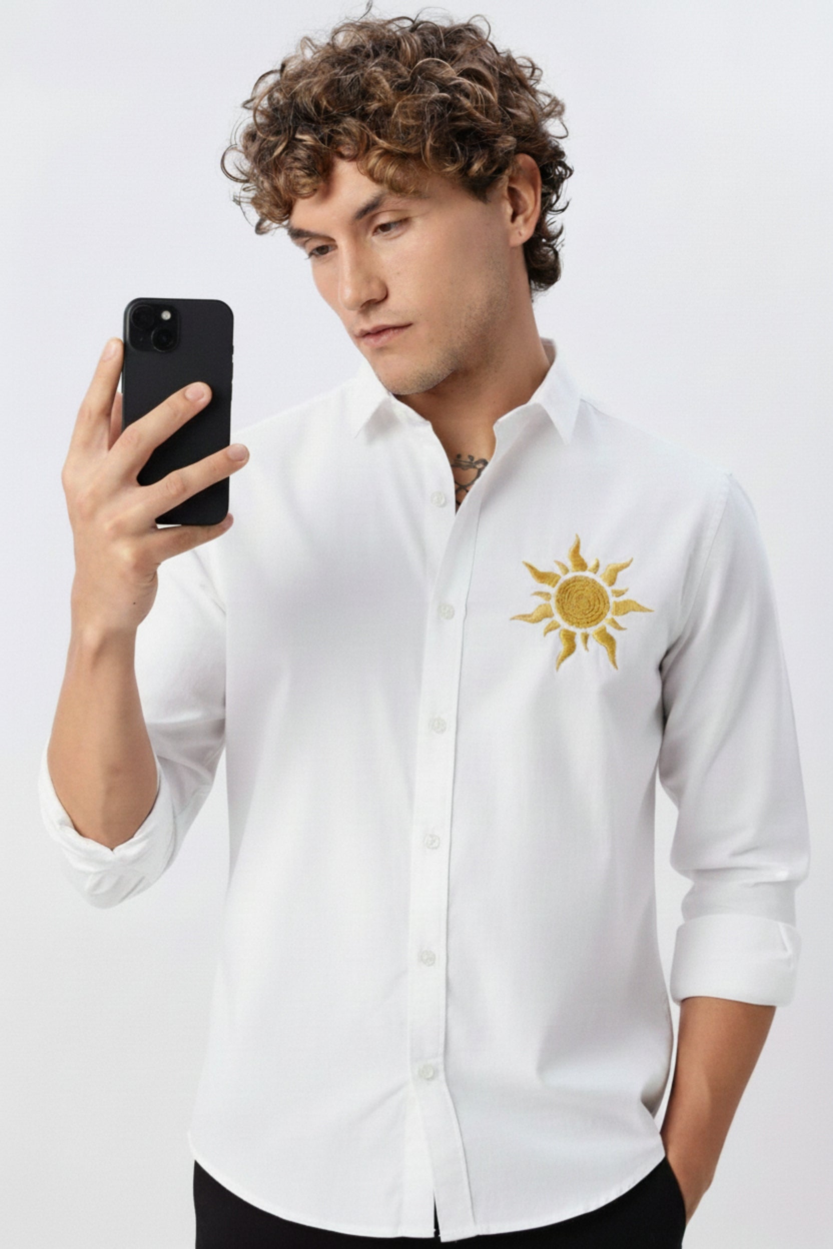 Men's Satin-Finish Shirt with Gold Sun Embroidery