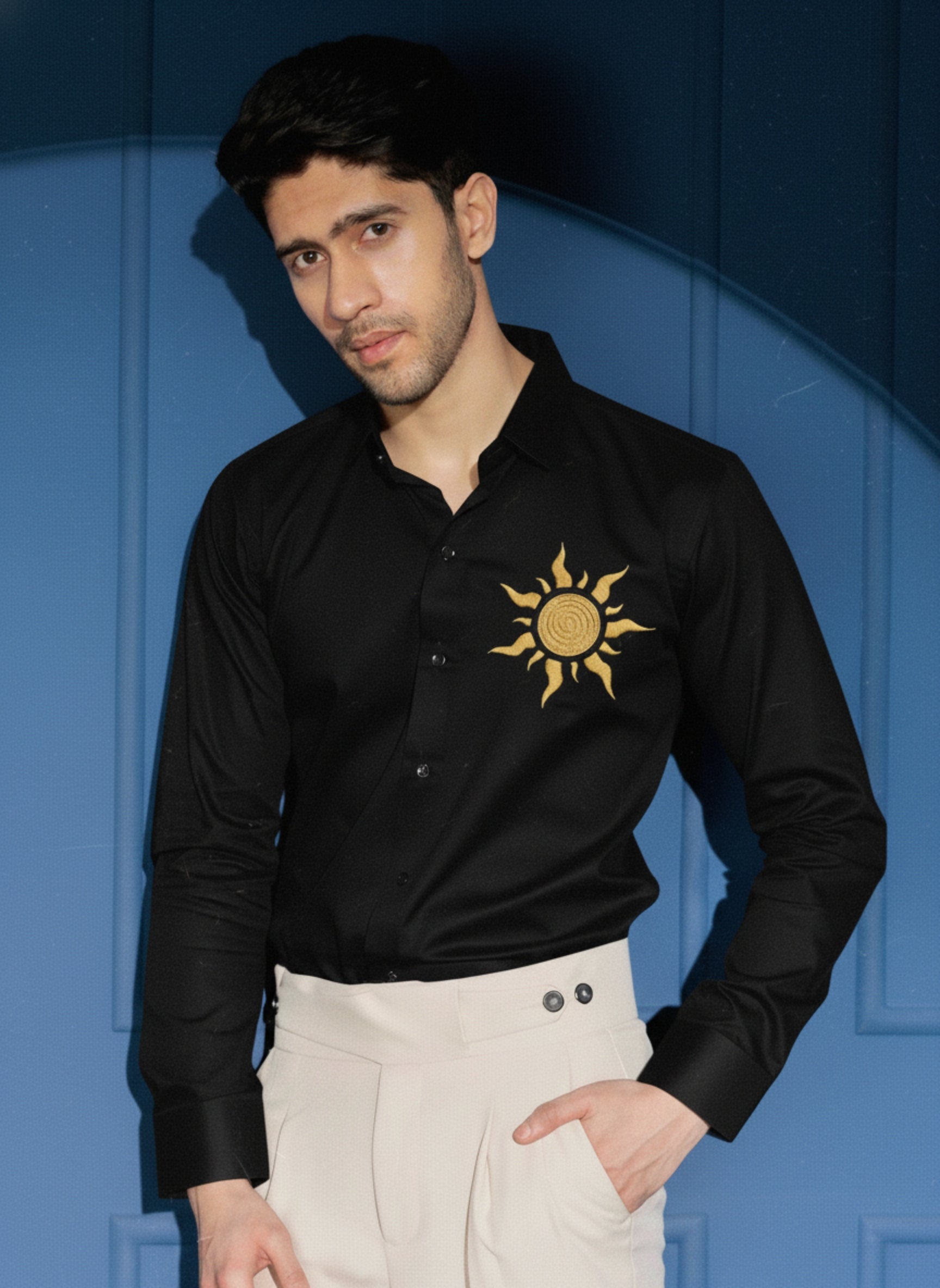 Men's Satin-Finish Shirt with Gold Sun Embroidery