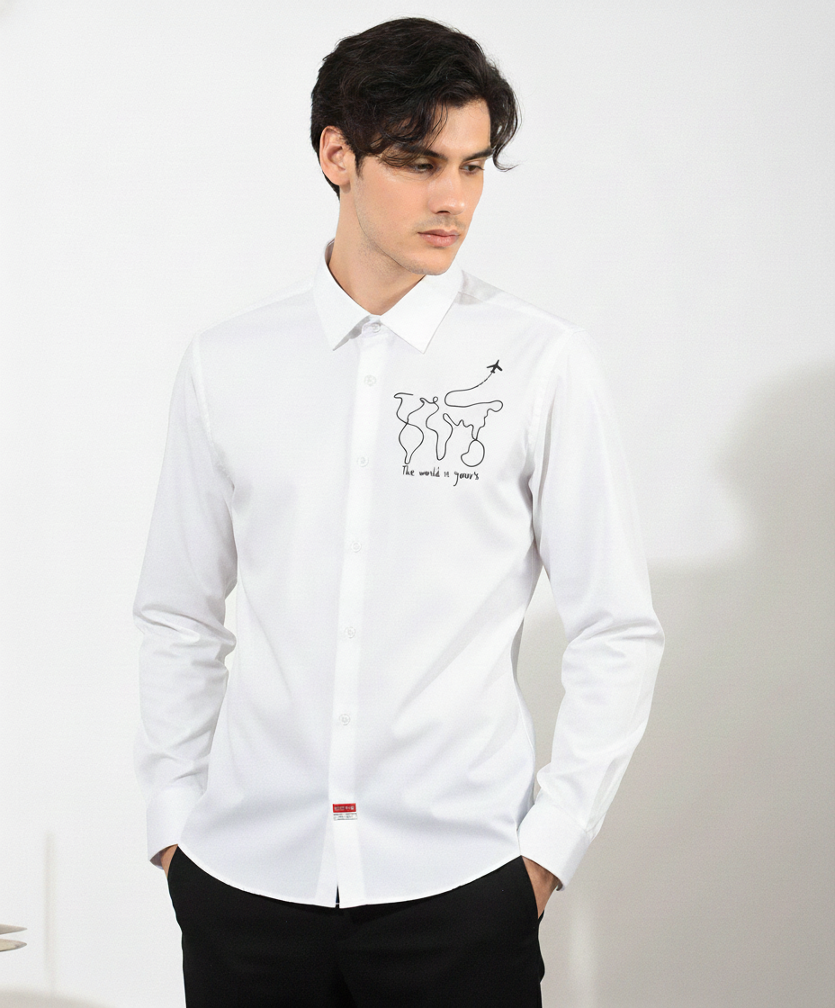 Men’s White “The World is Yours” Embroidered Travel-Inspired Shirt