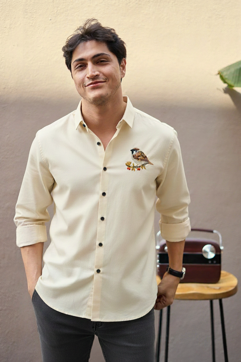 Men’s Cream Slim Fit Shirt with Bird Embroidery on Chest
