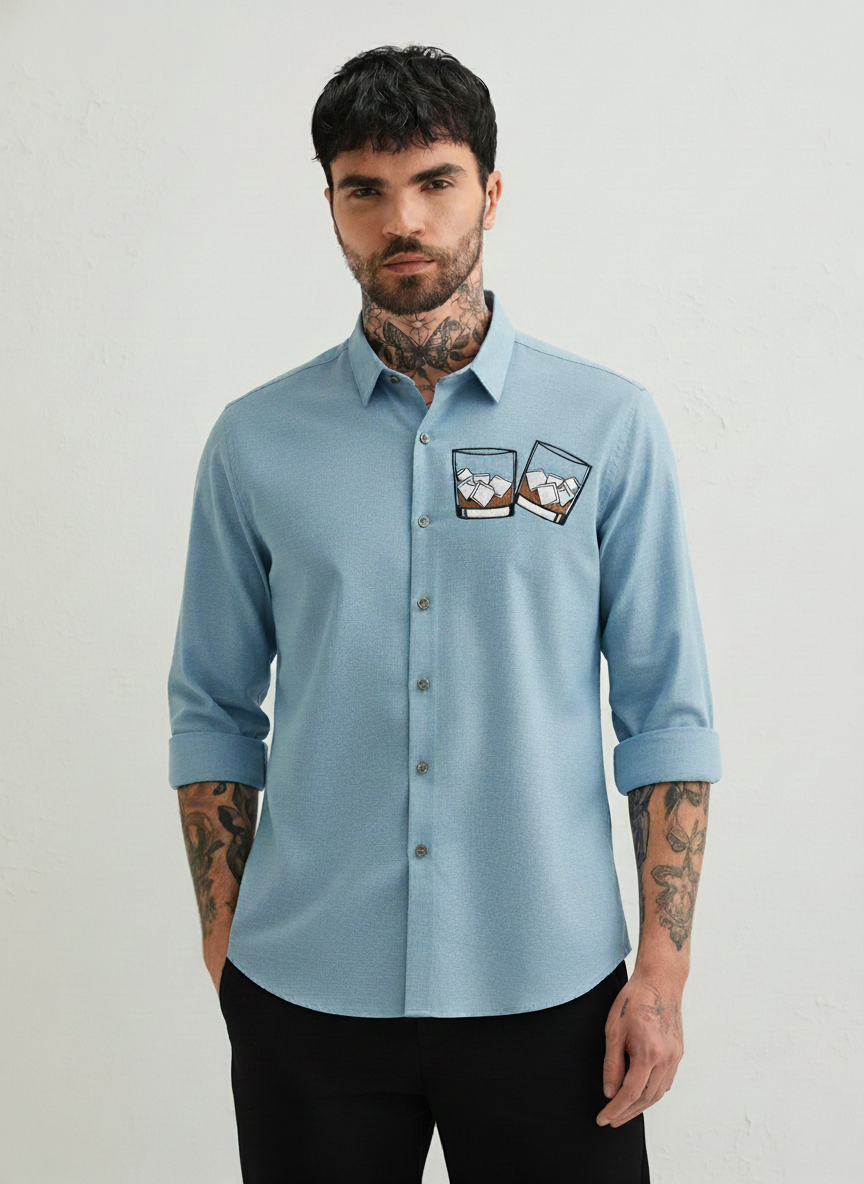 Men’s Light Blue “Whiskey Glass” Embroidered Casual Shirt
