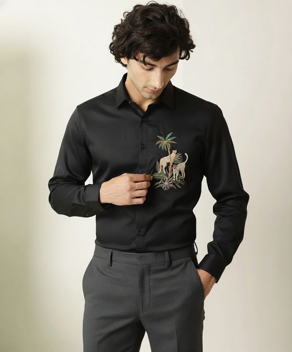Men’s Black Slim Fit Shirt with Tropical Leopard Embroidery & Classic Collar