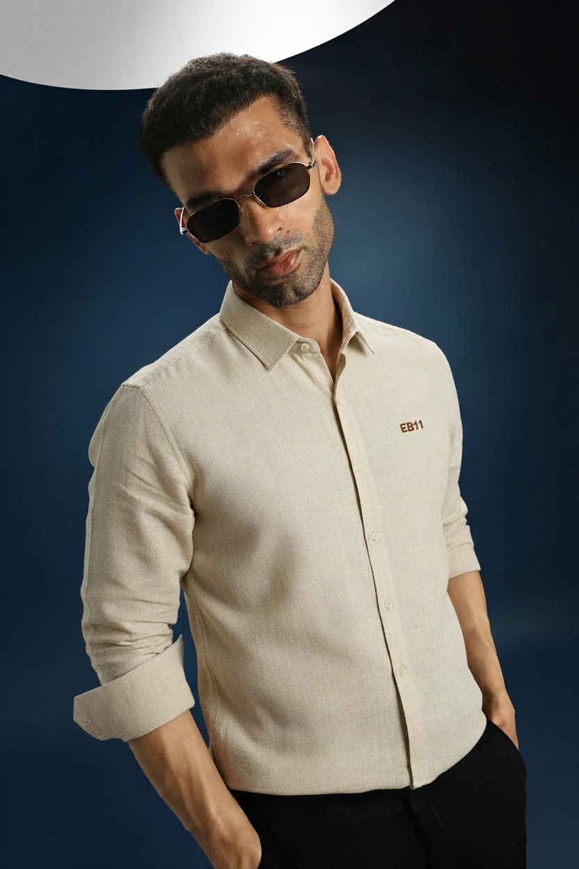 Men’s Beige Textured Slim Fit Shirt with Subtle Embroidered Logo & Classic Collar