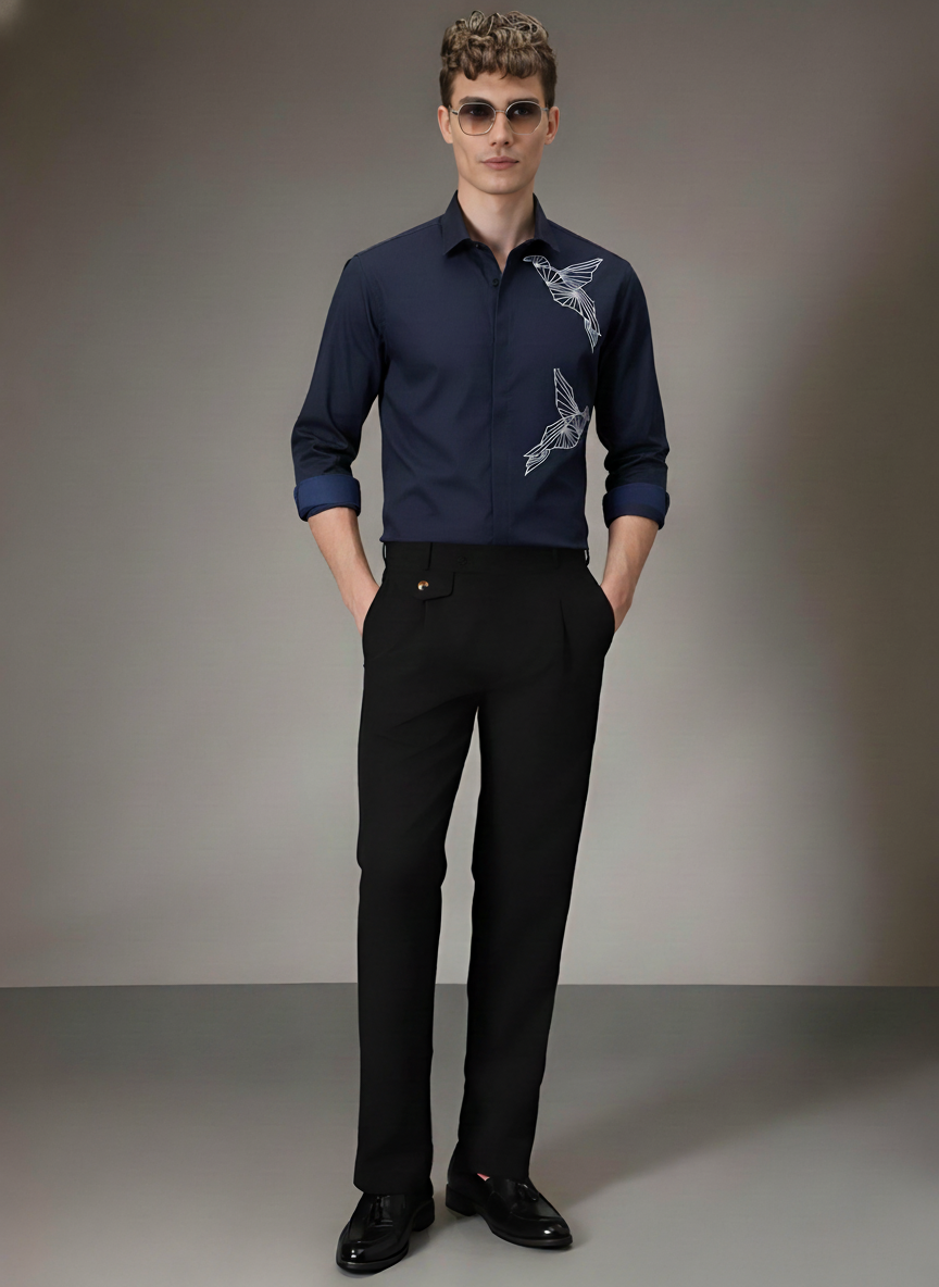 Men’s Navy Blue Slim Fit Shirt with Dual Geometric Bird Embroidery