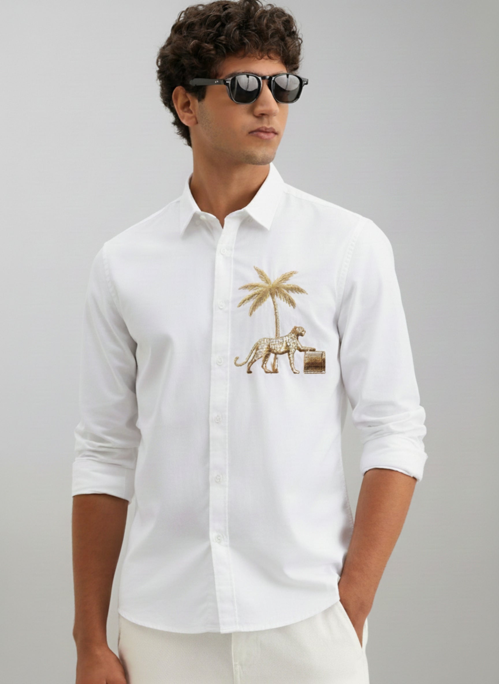 Men's Premium Poplin Shirt with Embroidered Cheetah Motif