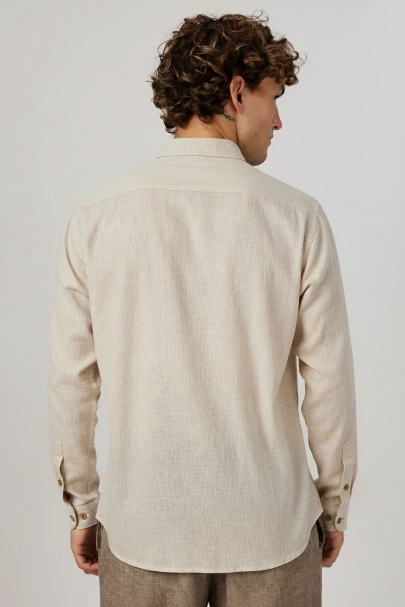 Men’s Linen-Blend Button-Down Shirt with Blue Raven Embroidery