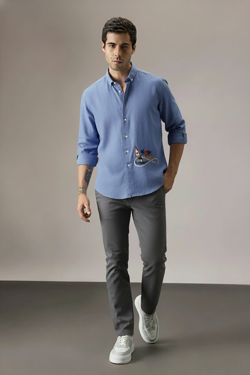 Men’s Sky Blue Casual Shirt with Tropical Embroidery Detailing