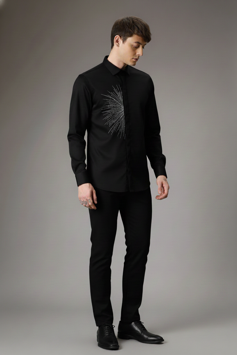 Men’s Black Slim Fit Shirt with Silver Abstract Burst Embroidery & Concealed Button Placket