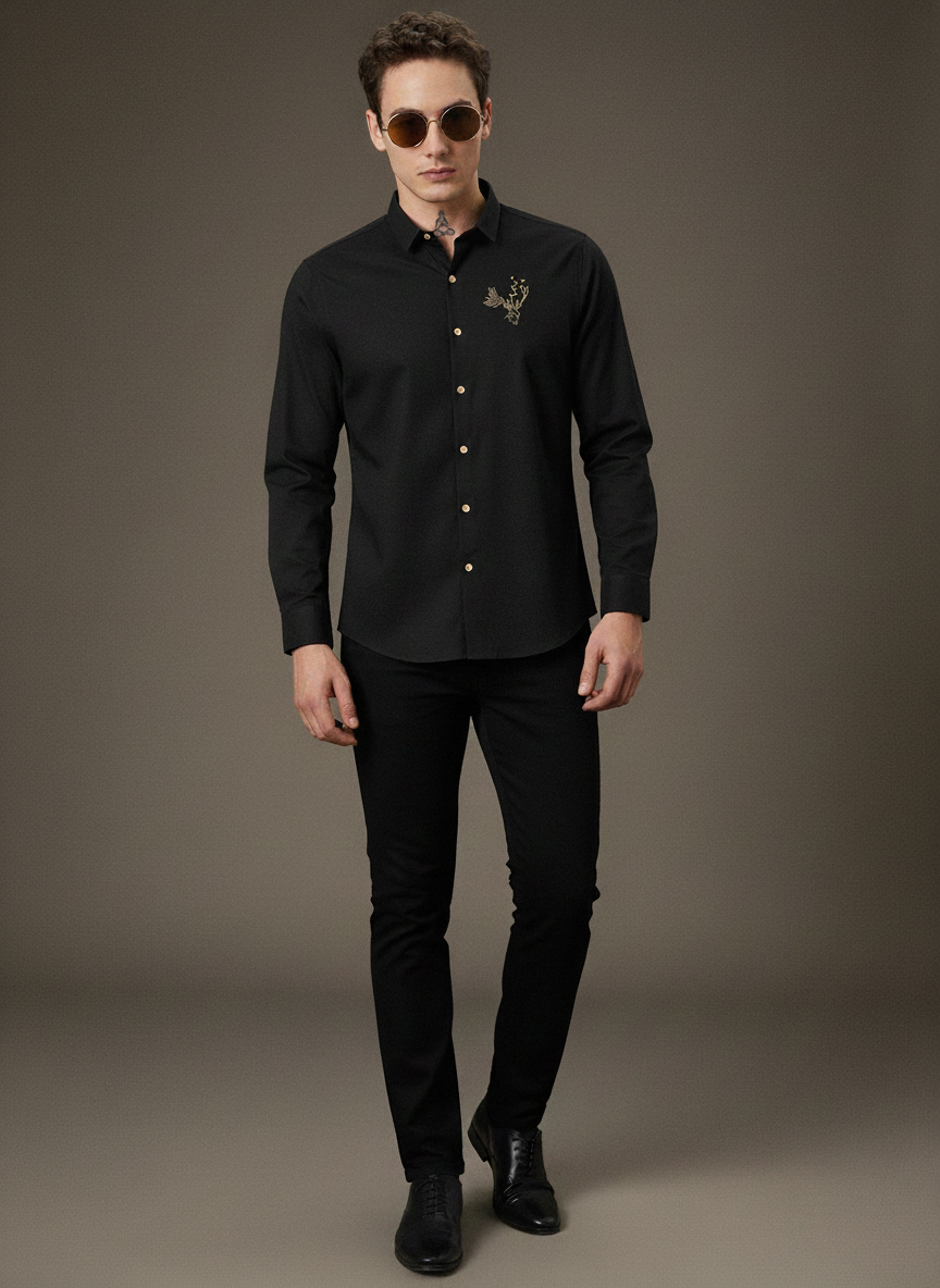 Men’s Black Slim Fit Shirt with Golden Deer Embroidery & Contrast Buttons