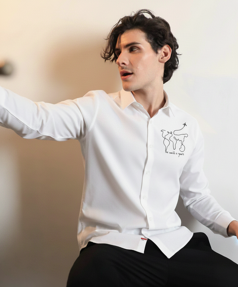 Men’s White “The World is Yours” Embroidered Travel-Inspired Shirt