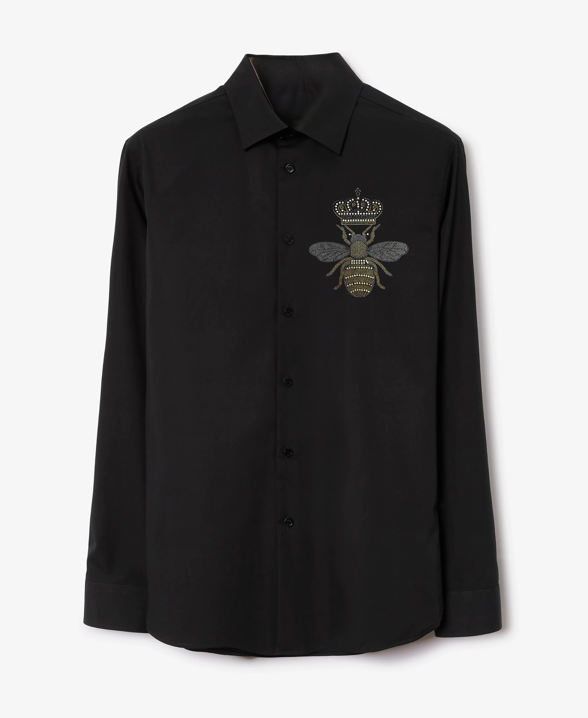 Men's Black Button-Up Shirt with Crowned Bee Design