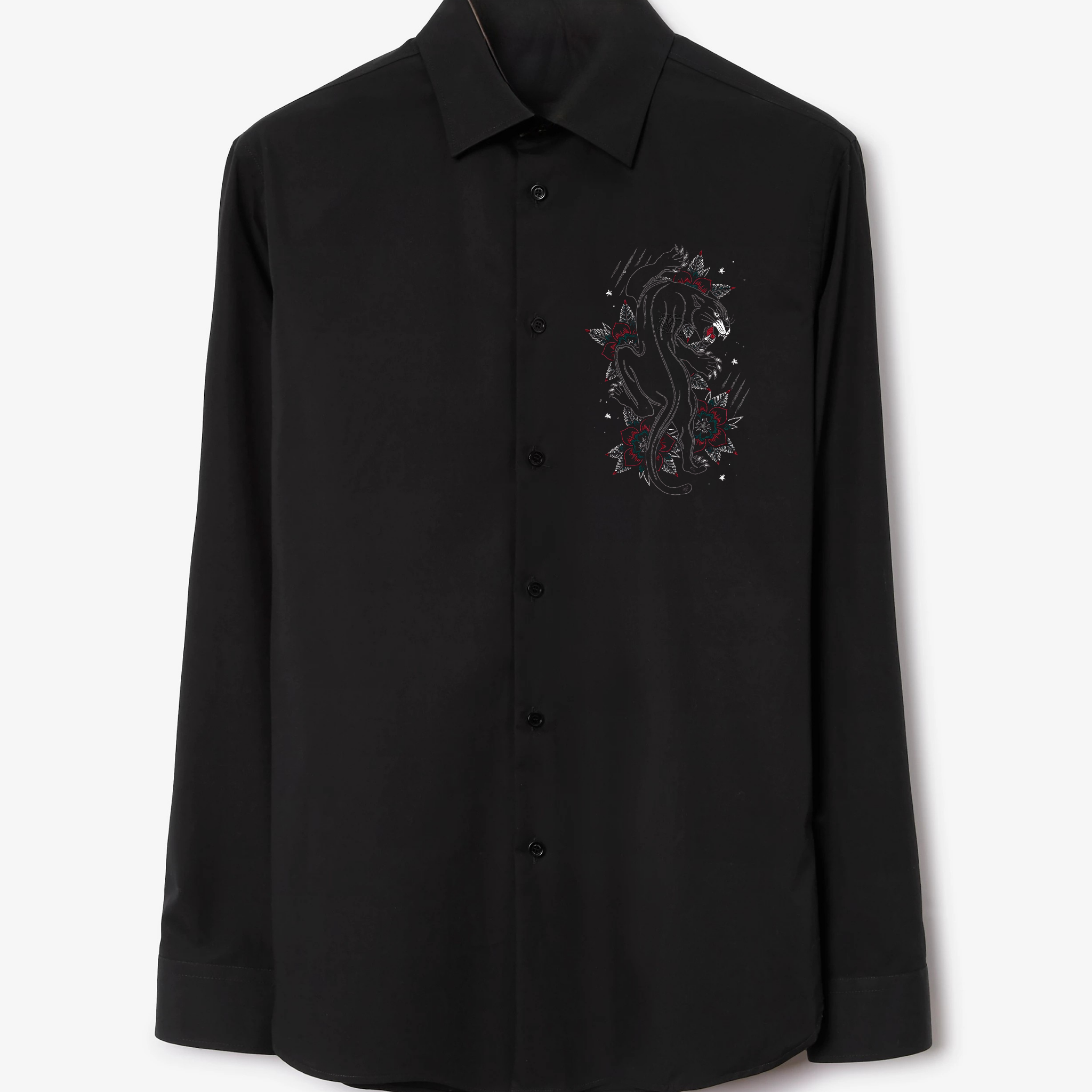 Men's Black Button-Up Shirt with Embroidered Lion & Floral Detailing (BUY 1 GET 1 FREE)