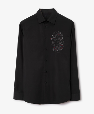 Men's Black Button-Up Shirt with Embroidered Lion & Floral Detailing (BUY 1 GET 1 FREE)