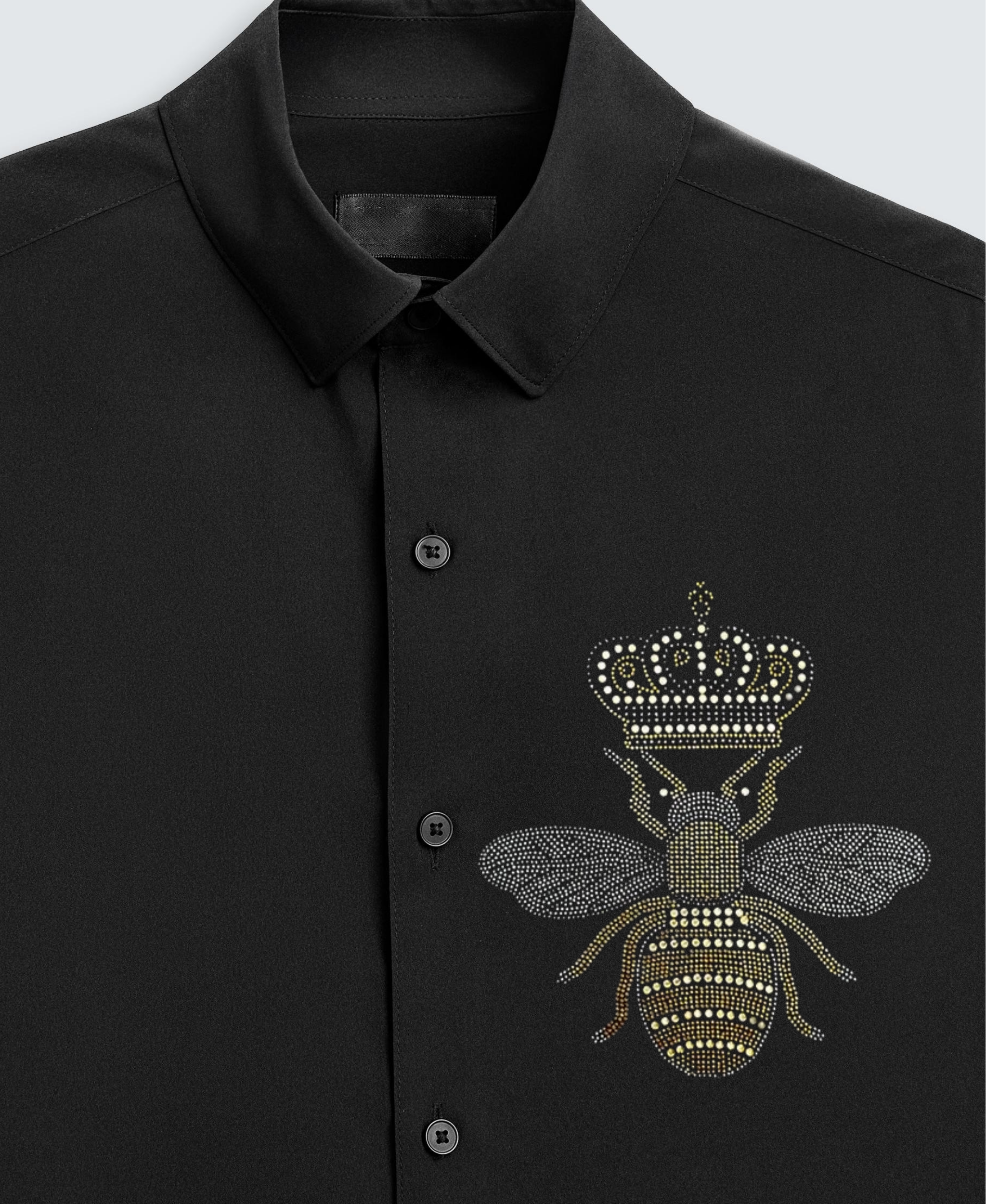 Men's Black Button-Up Shirt with Crowned Bee Design