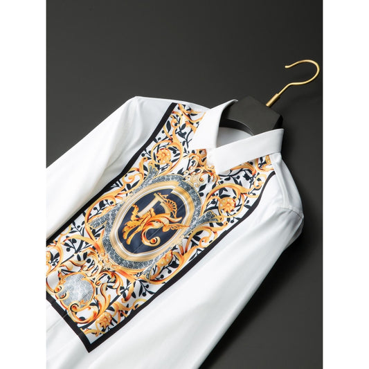 Luxurious White Long-Sleeve Shirt with Ornate Golden Motif