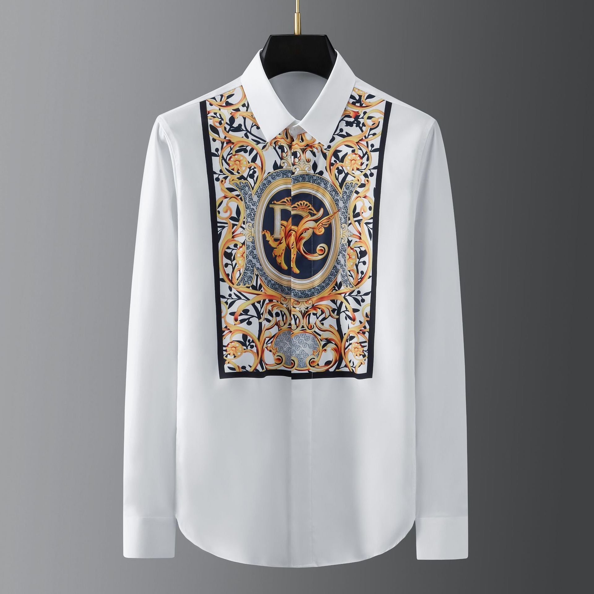 Luxurious White Long-Sleeve Shirt with Ornate Golden Motif