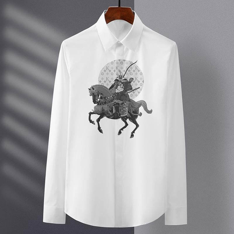 Men’s Long-Sleeve Samurai Warrior Shirt with Lunar Emblem Print