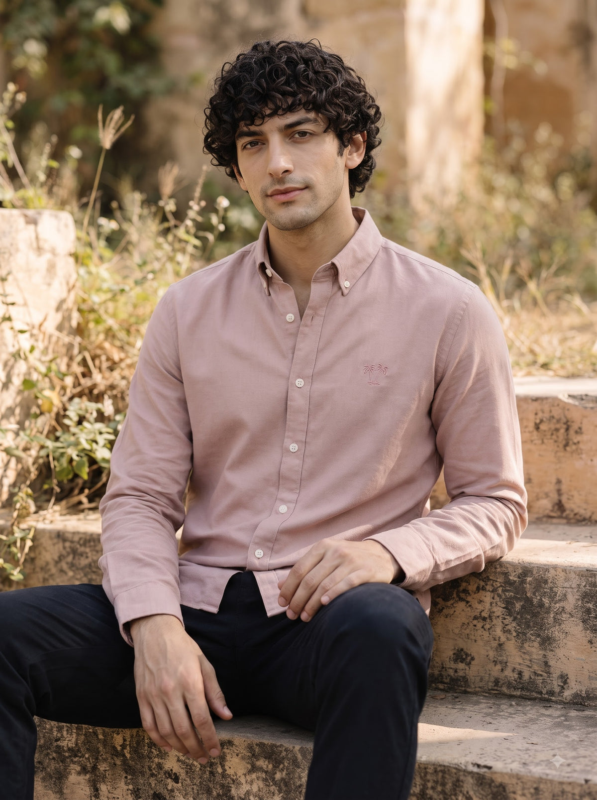 Men's Blush Rose Linen Button-Down Shirt | Breathable Casual Shirt