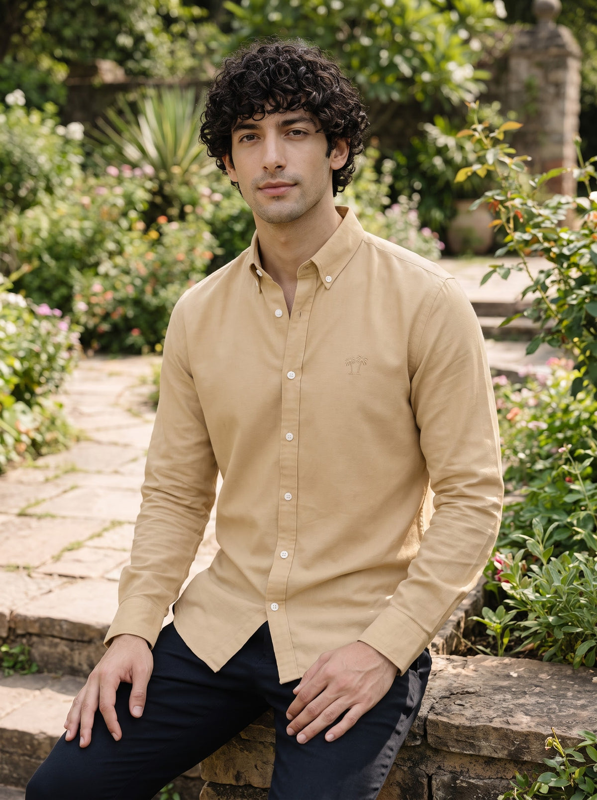 Men's Desert Khaki Linen Button-Down Shirt | Breathable Casual Shirt
