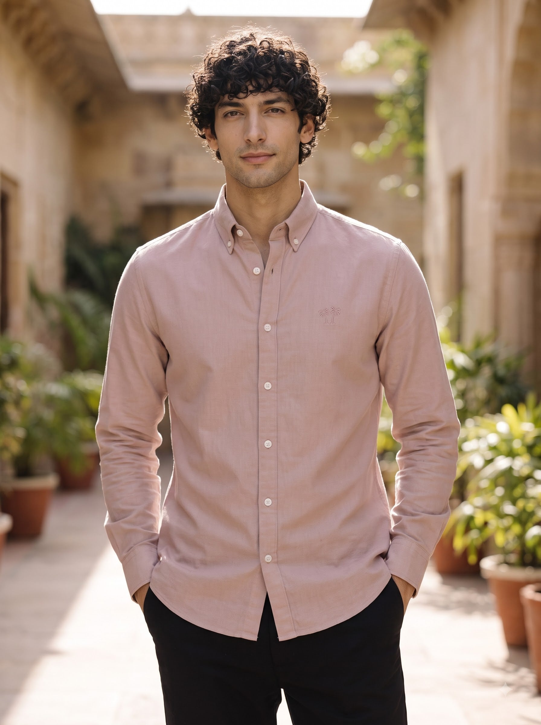 Men's Blush Rose Linen Button-Down Shirt | Breathable Casual Shirt