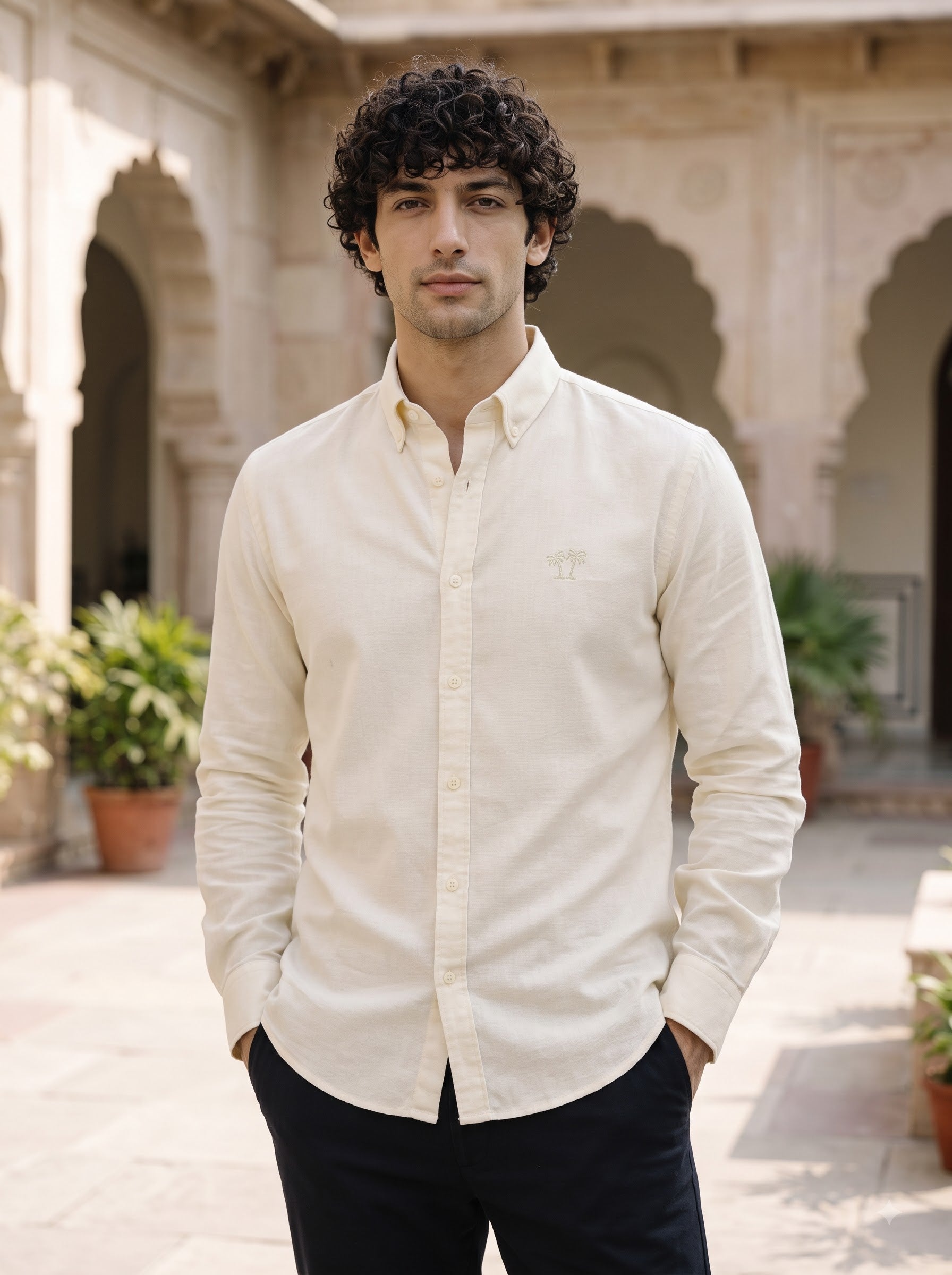 Men's Ivory Cream Linen Button-Down Shirt | Breathable Casual Shirt