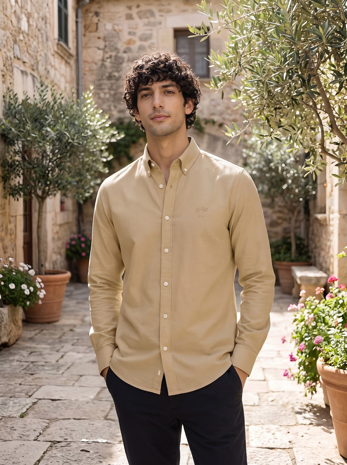 Men's Desert Khaki Linen Button-Down Shirt | Breathable Casual Shirt