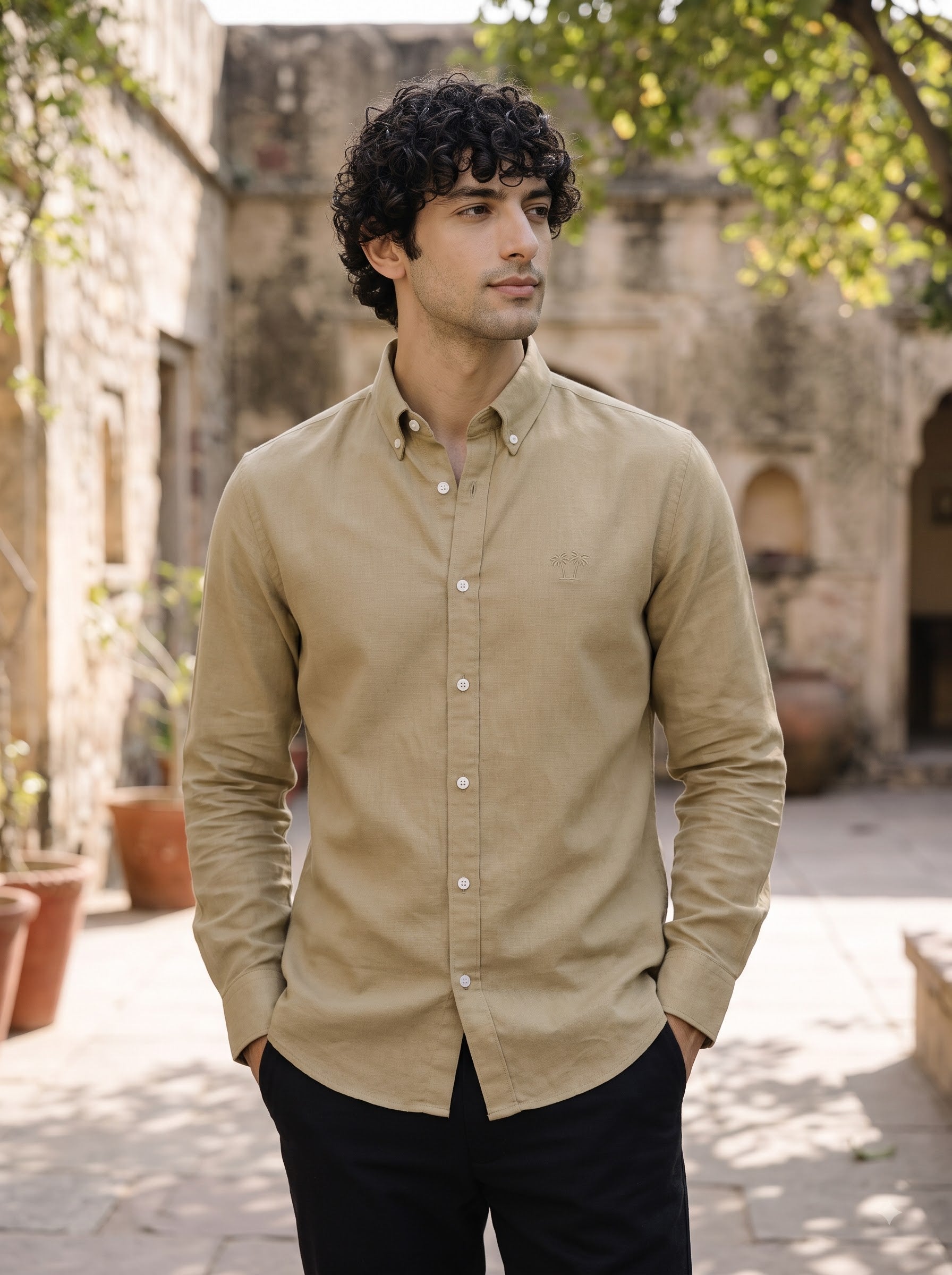 Men's Desert Khaki Linen Button-Down Shirt | Breathable Casual Shirt