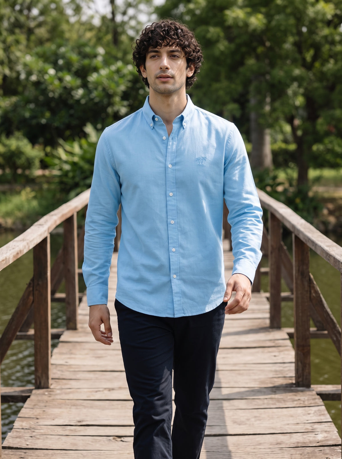 Men's Powder Blue Linen Button-Down Shirt | Breathable Casual Shirt