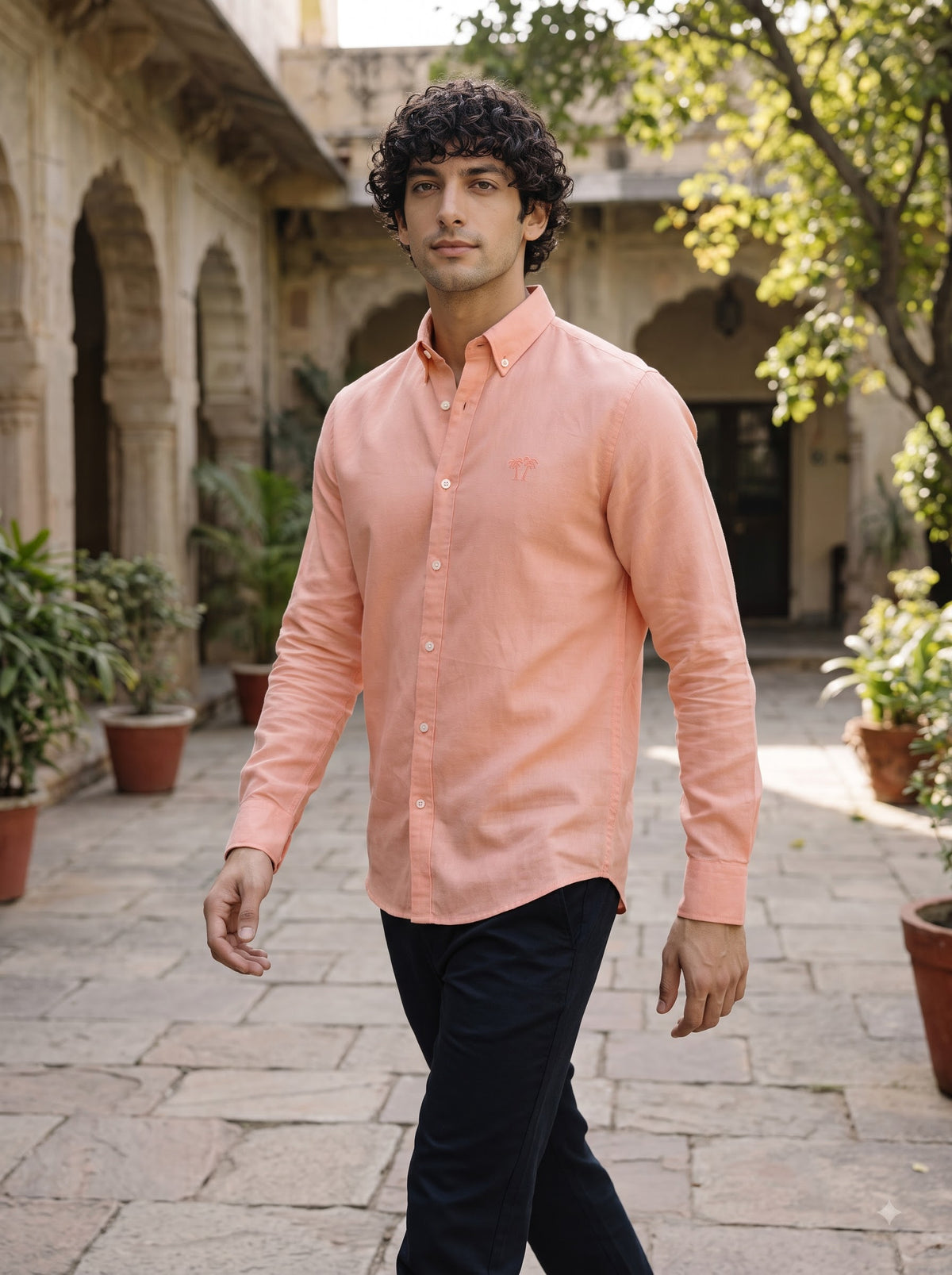 Men's Soft Peach Linen Button-Down Shirt | Breathable Casual Shirt