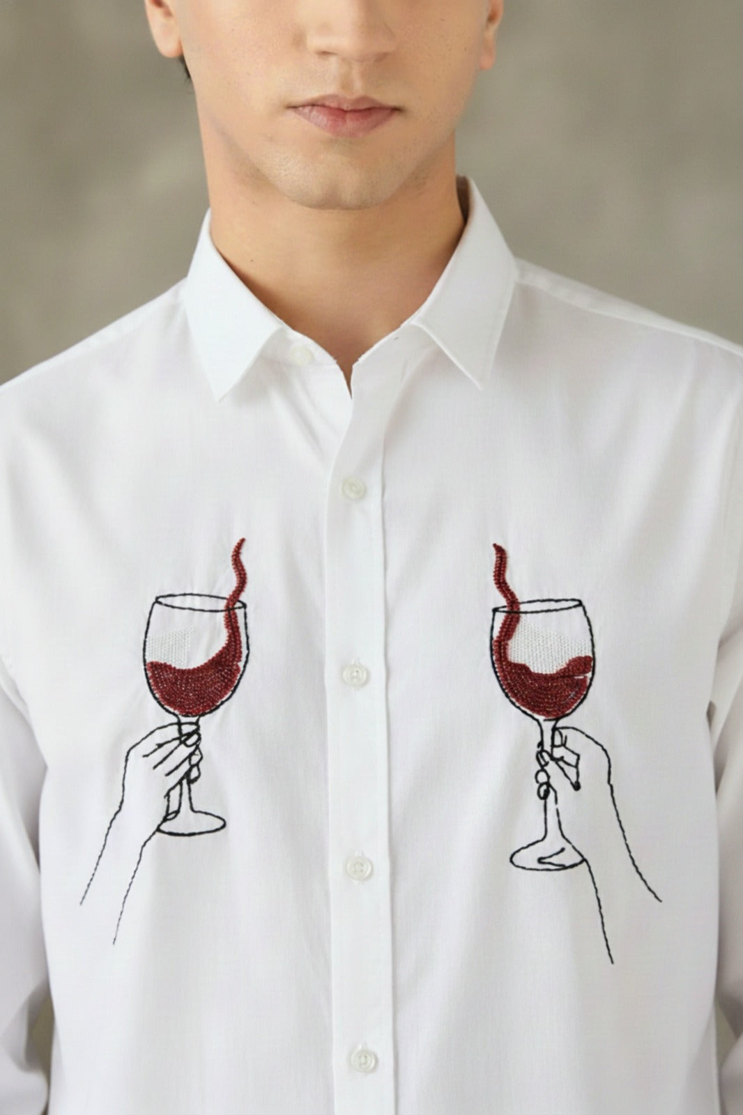 Men’s White Button-Down Shirt with Dual Wine Glass Embroidered Art