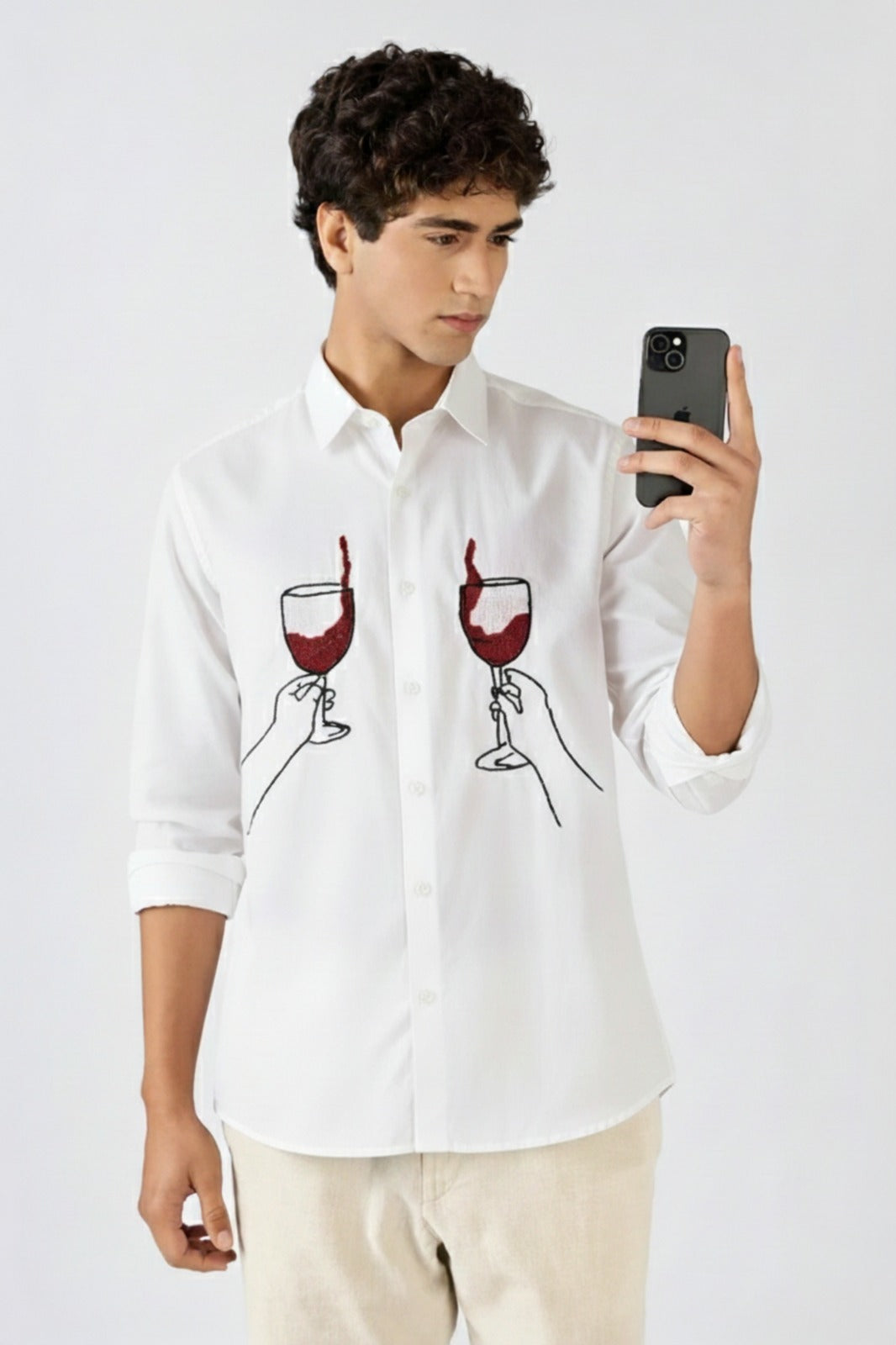 Men’s White Button-Down Shirt with Dual Wine Glass Embroidered Art