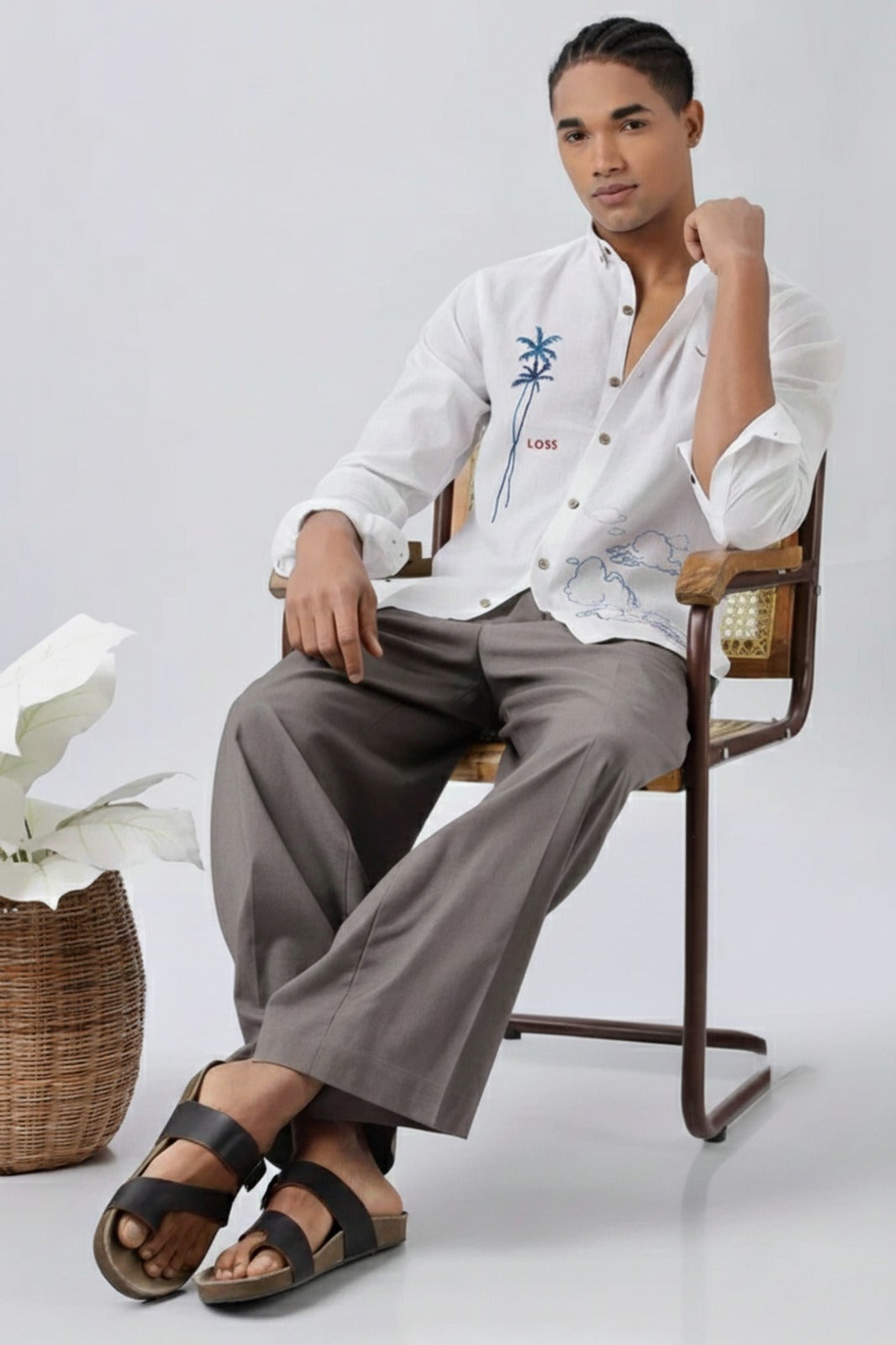 Men’s Embroidered Shirt with Palm Tree & Cloud Art