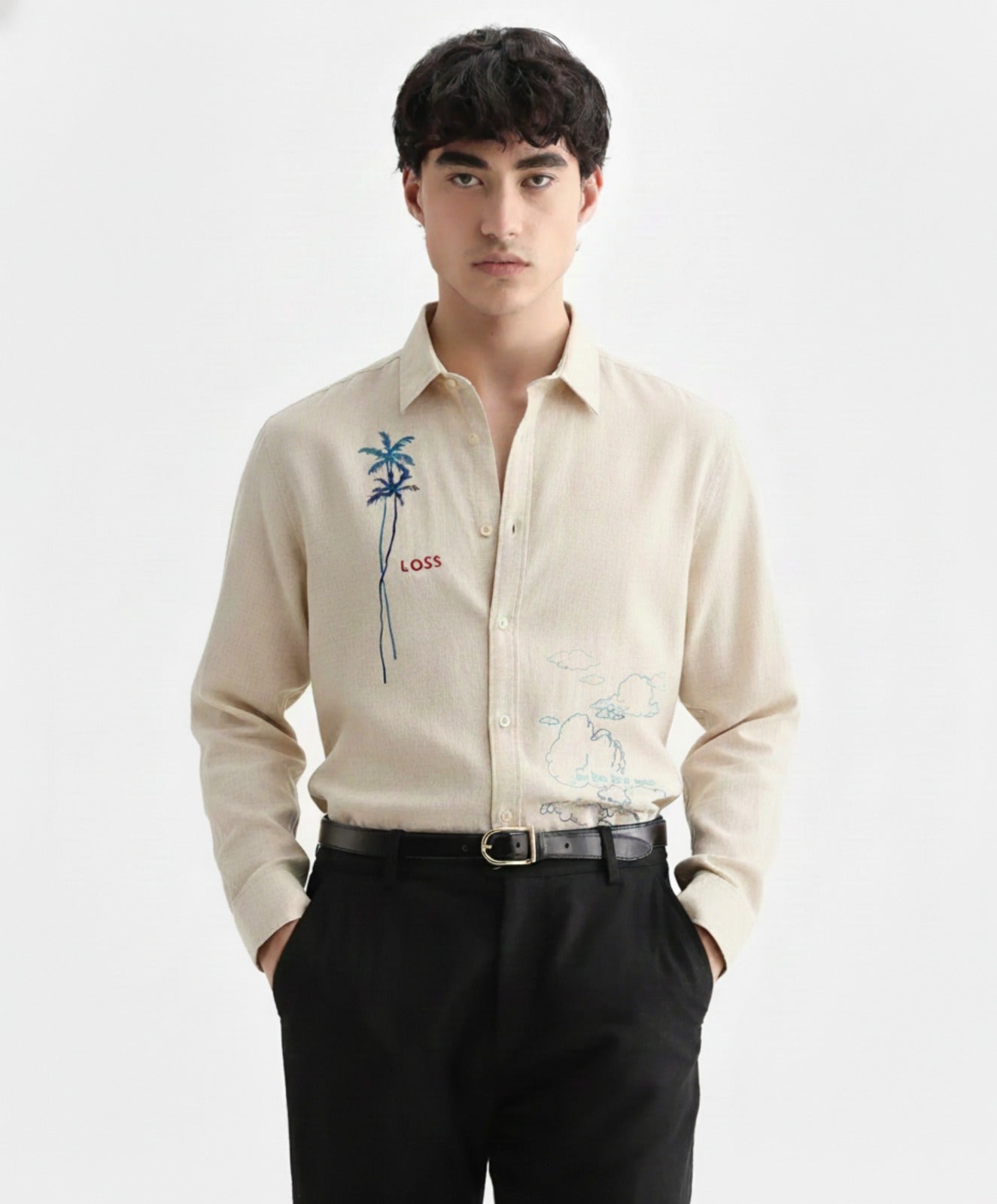 Men’s Embroidered Shirt with Palm Tree & Cloud Art