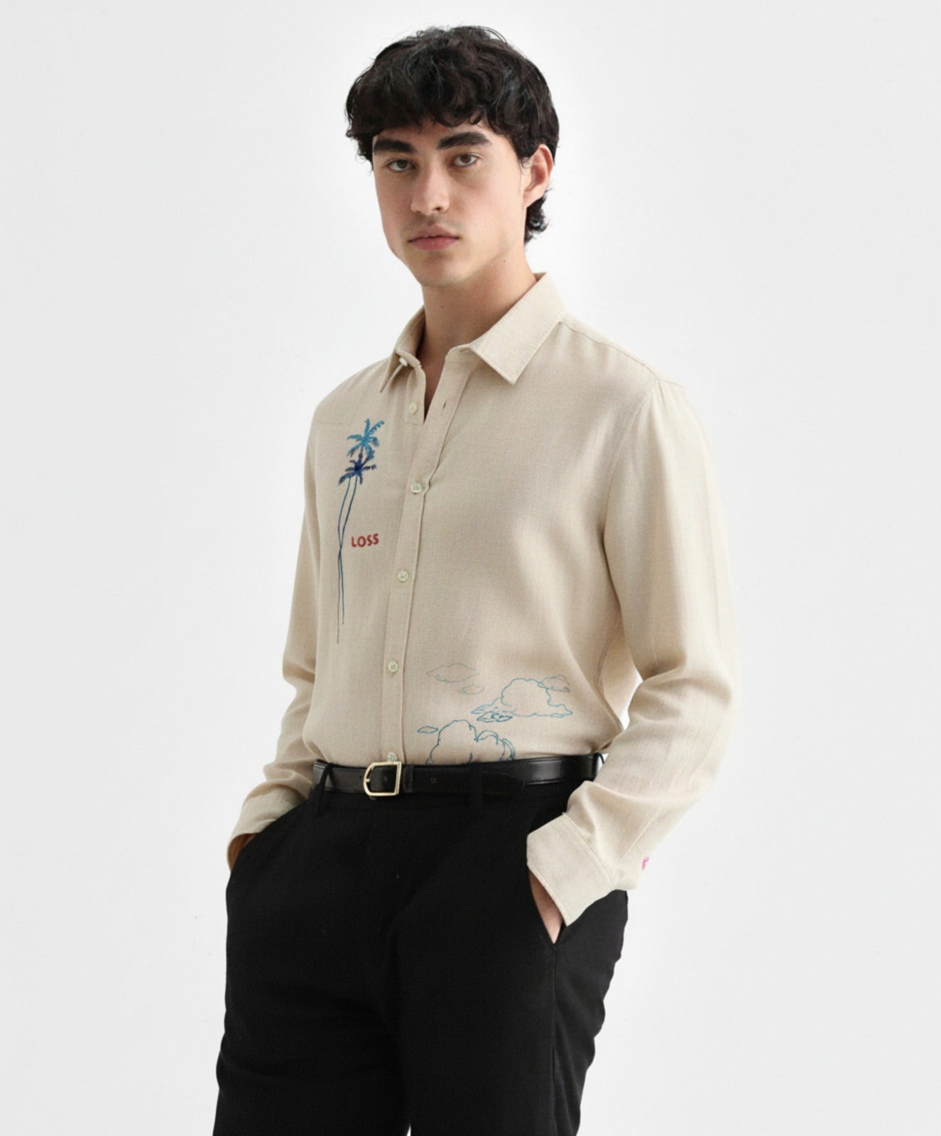 Men’s Embroidered Shirt with Palm Tree & Cloud Art
