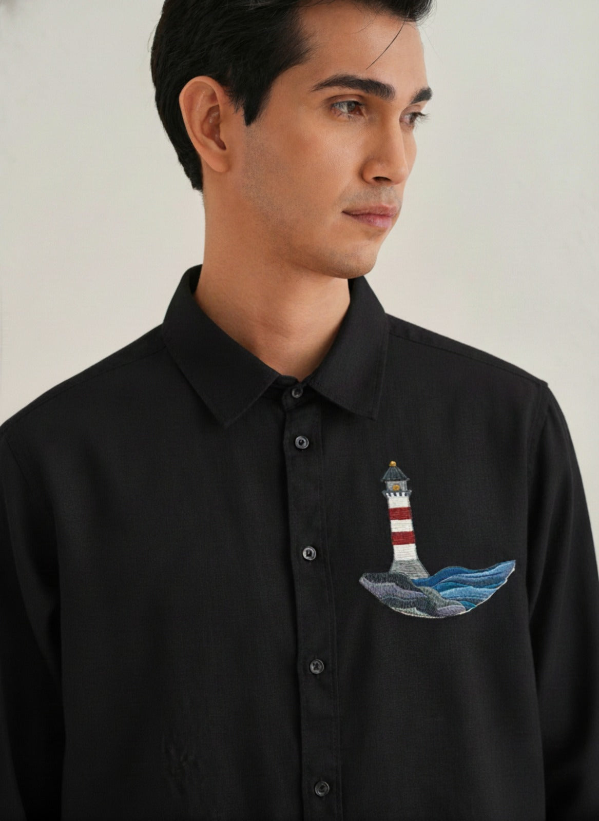 Men’s Button-Down Shirt with Lighthouse & Ocean Wave Embroidered Design