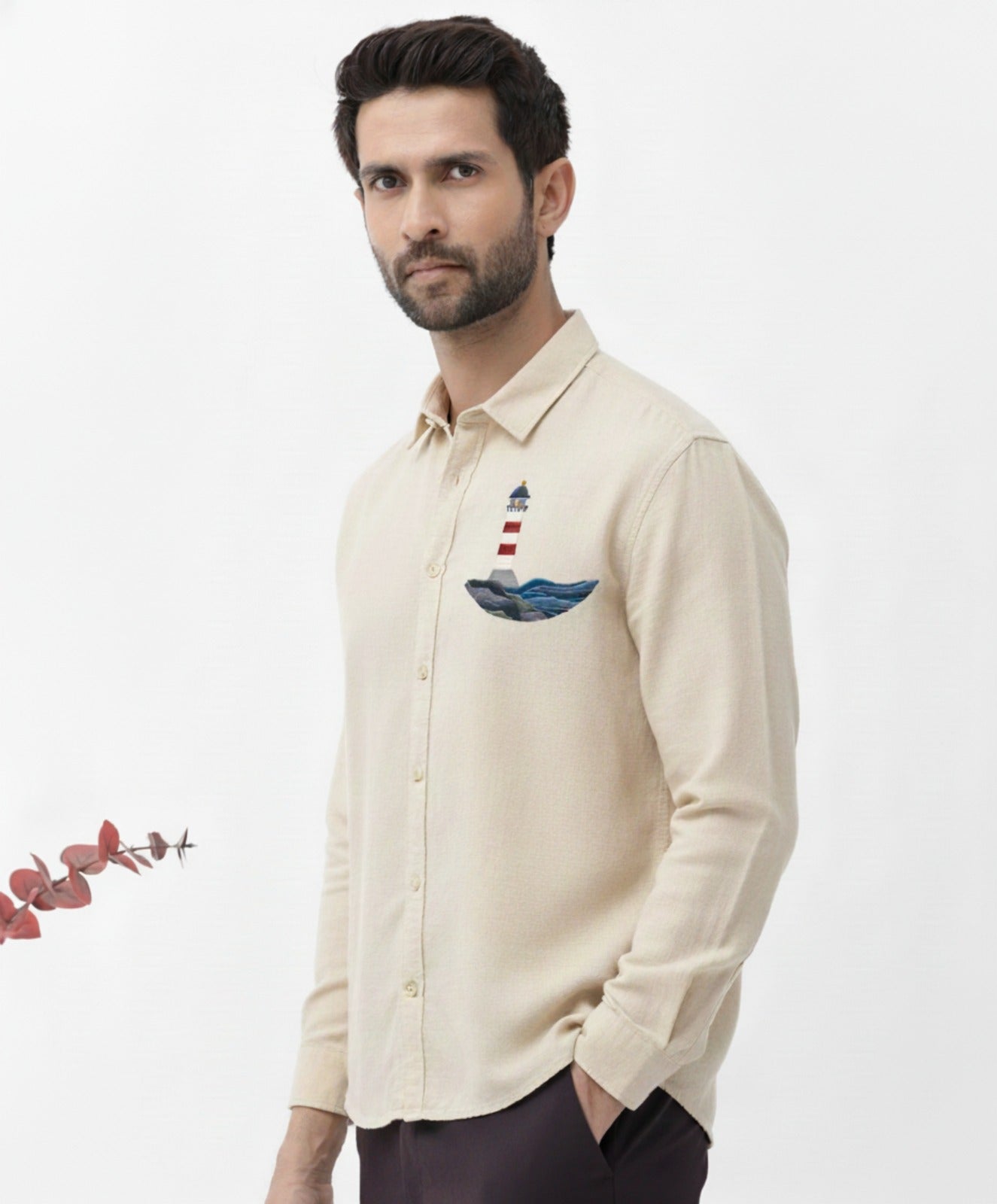 Men’s Button-Down Shirt with Lighthouse & Ocean Wave Embroidered Design