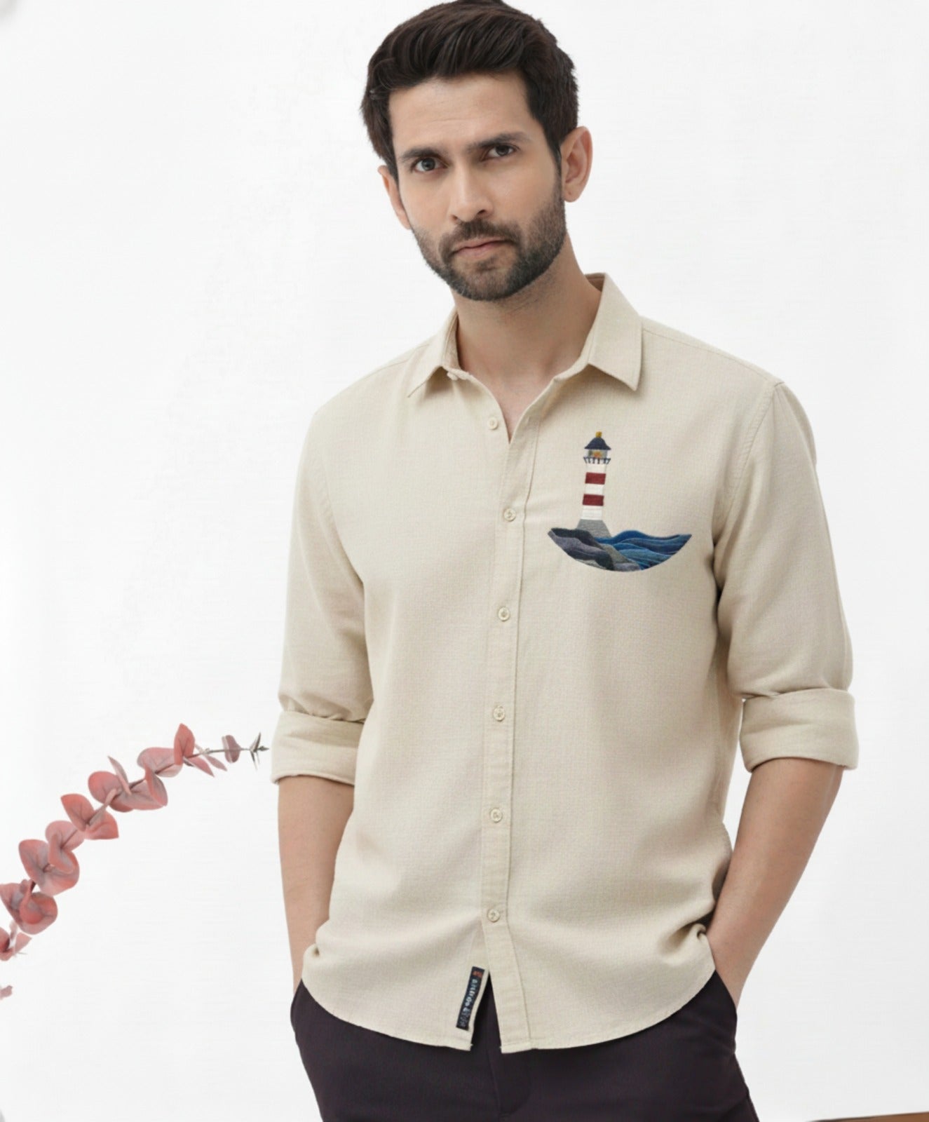 Men’s Button-Down Shirt with Lighthouse & Ocean Wave Embroidered Design