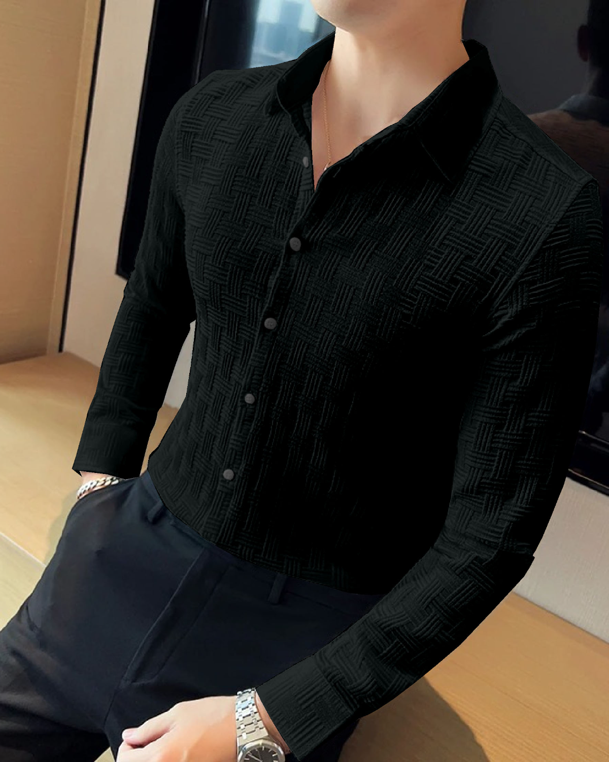 Demanding Black Textured Regular Fit Shirt