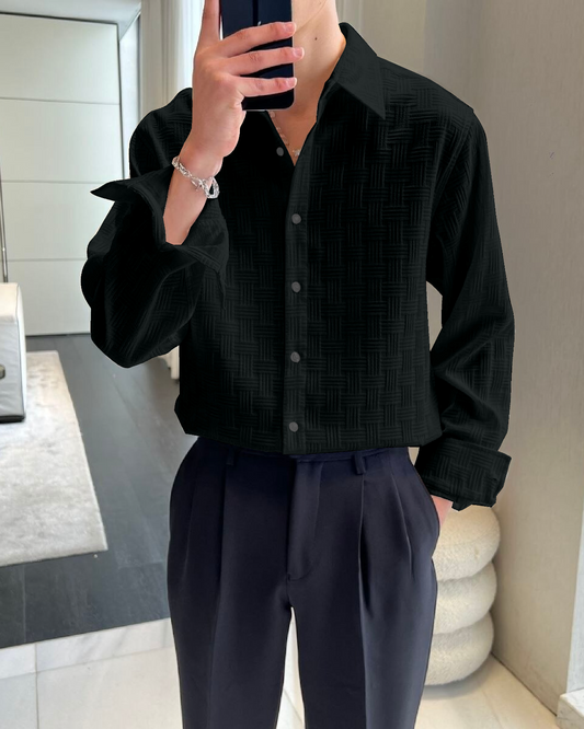 Demanding Black Textured Regular Fit Shirt