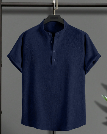 Twirling Dark Blue Seersucker Half Sleeve Kurta Shirt