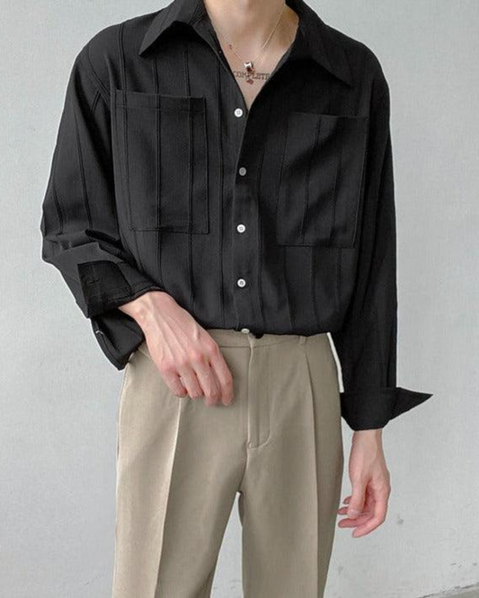 Magnetic Black Spliced Pockets Seersucker Shirt