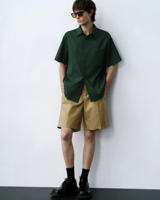 Green Drop Shoulder Waffle Pattern Shirt