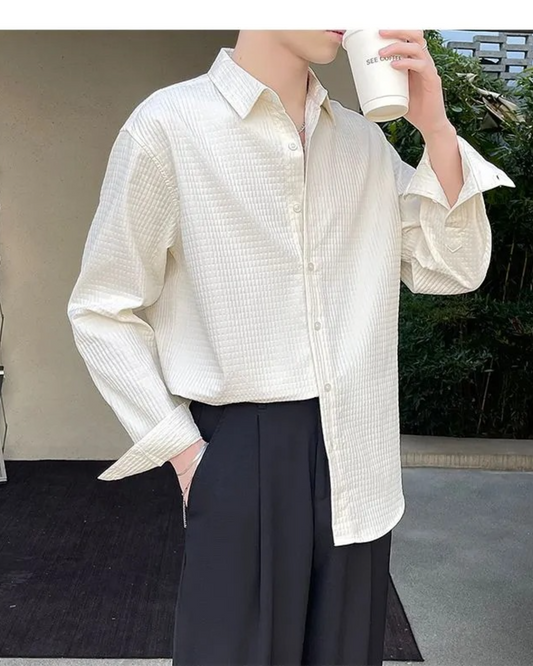 Merino White Drop Shoulder Waffle Pattern Shirt