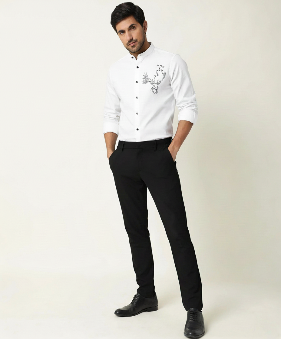 Men’s White Slim Fit Shirt with Black Contrast Collar & Stag Embroidery Detail