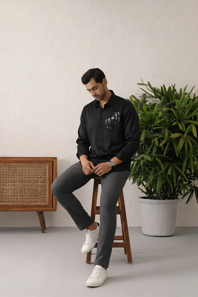 Men’s Black Slim Fit Shirt with Abstract Horse Embroidery & Button-Down Front