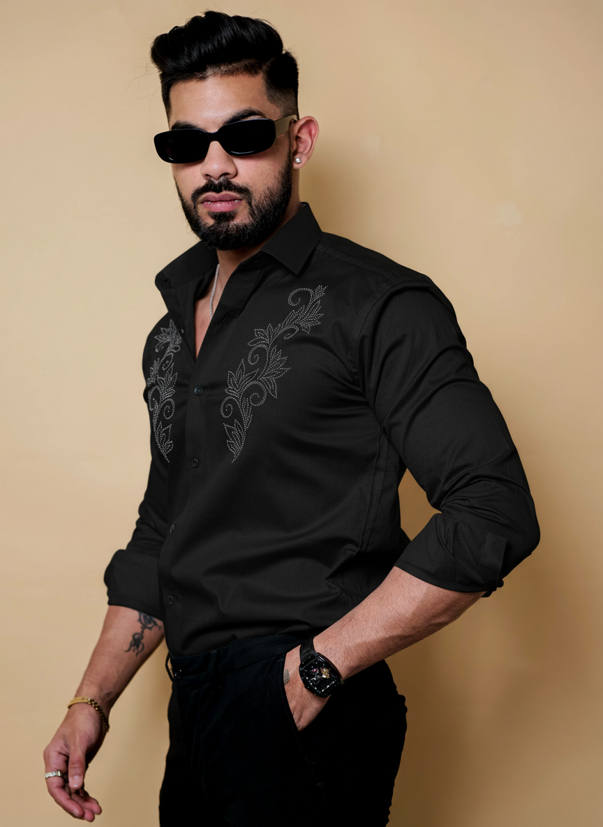 Men's Elegant  Shirt with Intricate Embroidered Floral Design