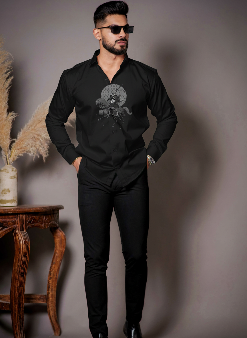 Men’s Long-Sleeve Samurai Warrior Shirt with Lunar Emblem Print