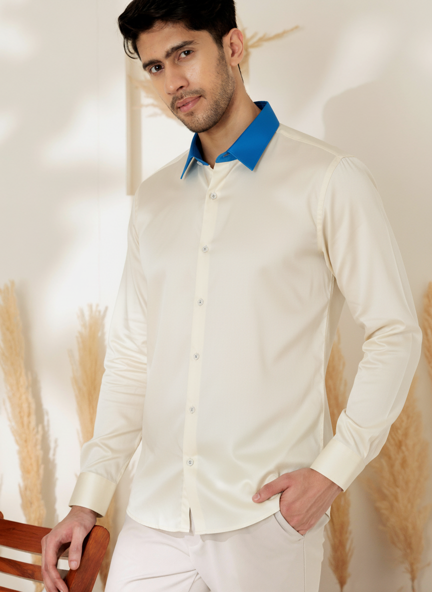 Men’s Premium Cream Shirt with Royal Blue Contrast Collar